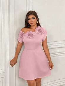 Femmeverse Plus Size Women's Solid Color Floral Decor Ruched Shoulder Design Fashionable Short Dress - Pink - View 7