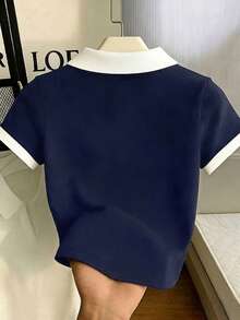 Camiseta de mujer de manga corta ajustada con cuello polo de unicolor - Multicolor 3 - Ver 2