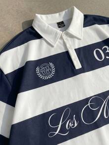 SUMWON Striped Polo Shirt With Los Angeles Print And Contrast Shoulder Panels Collared Button Placket Short Sleeve Regular Fit - Navy Blue - View 2