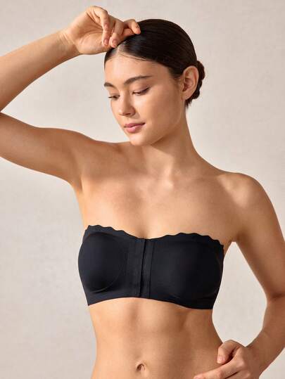 Veilyse Women's Front Closure Bra, Strapless Bra, Seamless Top, Sexy Wireless Bra, Removable Padding, Adjustable Basic Tube Top Bra, Non-Slip Silicone Soft Fabric Bra, Comfortable Padded Camisole With Wavy Hem, Perfect For Strapless Dresses, Front Closure Bra