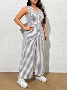 GalTyme Plus Size Gray Striped Print Sleeveless V-Neck Casual Jumpsuit, Single-Breasted Design - Grey - View 6