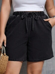 Firerie Plus Size Women's Summer Casual Everyday Commute Drawstring Waist Slant Pocket Loose Denim Shorts - Black - View 3