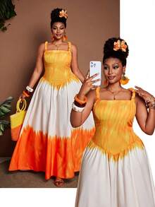 大码女士渐变色优雅吊带褶皱腰A字连衣裙，适合海滩度假、海滩派对、旅行摄影，清新度假风时尚 - 彩色 - 查看 1