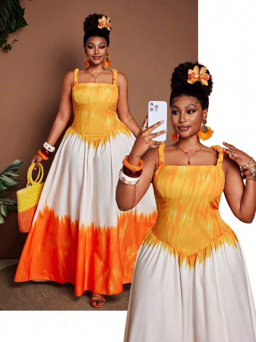 大码女士渐变色优雅吊带褶皱腰A字连衣裙，适合海滩度假、海滩派对、旅行摄影，清新度假风时尚 - 彩色 - 查看 1