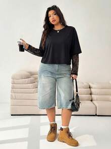 SHEIN EZwear 大码女式休闲蕾丝拼接圆领T恤 - 黑色 - 查看 4