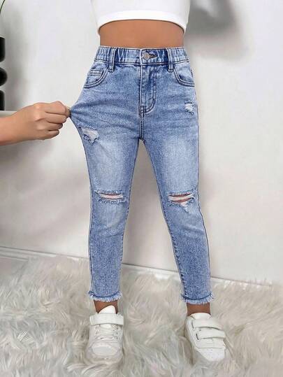 Young Girl' Grey Denim Elastic Skinny Ripped Jeans