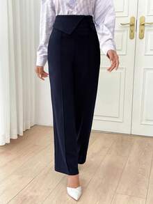 Modelyn Pantalones elegantes de pierna ancha y cintura alta con diseño de botones de unicolor para mujer en otoño/invierno - Azul Marino - Ver 5