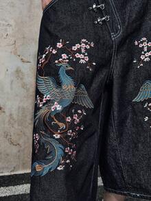 ROMWE MEN Street Life Quần short denim nam thêu hình phượng hoàng với khóa máy bay. - Màu xanh lam - Xem 2