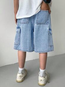 SHEIN Tween Boy Fashion Casual Y2k Vintage Cool The Workwear Pocket Design Features Aqua Blue Loose And Comfortable Workwear Denim Shorts For Soft Daily-Wear And Summer And Rave Festival And Beach Day Time - Light Wash - View 2