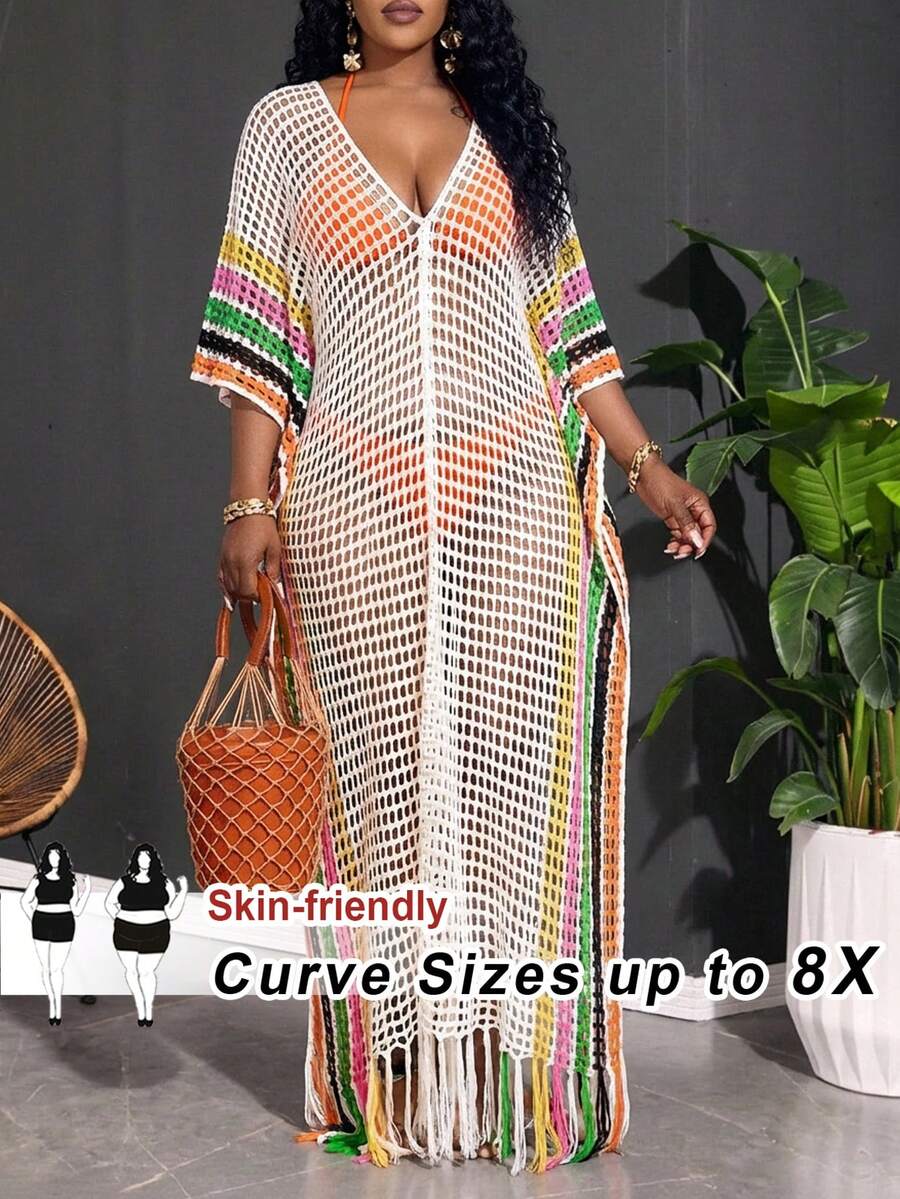 SHEIN CURVE+ 露背针织透视连衣裙长款女装 - 彩色 - 查看 1