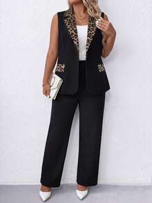 Elenzga Plus Size Women's Leopard Print Sleeveless Lapel Blazer And Straight Leg Pants 2 Pieces Set, Suitable For Spring/Summer Office Wear - Black - View 5