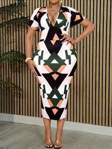 Villa Velisse Plus Size Contrast Color Print V-Neck Short Sleeve Dress - Multicolor - View 6