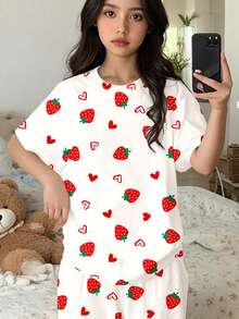 Set drăguț de pantaloni scurți cu mânecă scurtă, cu imprimeu drăguț și inimă dulce, grafic, pentru fete preadolescente, casual minimalist, cu guler rotund, potrivit pentru vară, copii stilați, Y2K, Kawaii, zi de zi, vacanță, drăguț, confortabil. - Multicolor - Vizualizare 4