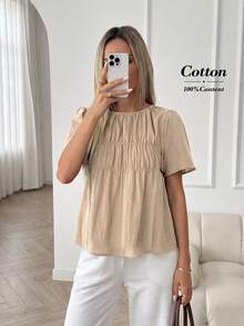 Easowa 纯色圆领褶裥休闲短袖衬衫，夏季 - 卡其色 - 查看 1