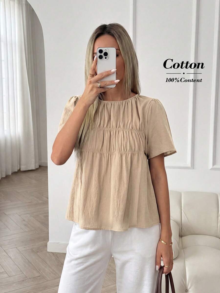 Easowa 纯色圆领褶裥休闲短袖衬衫，夏季 - 卡其色 - 查看 1