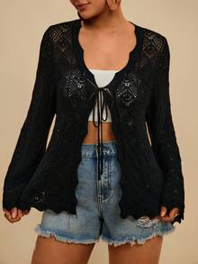 Travachic Cardigã feminino plus size com recortes, quimono boêmio leve com amarração frontal. - Preto - Ver 6
