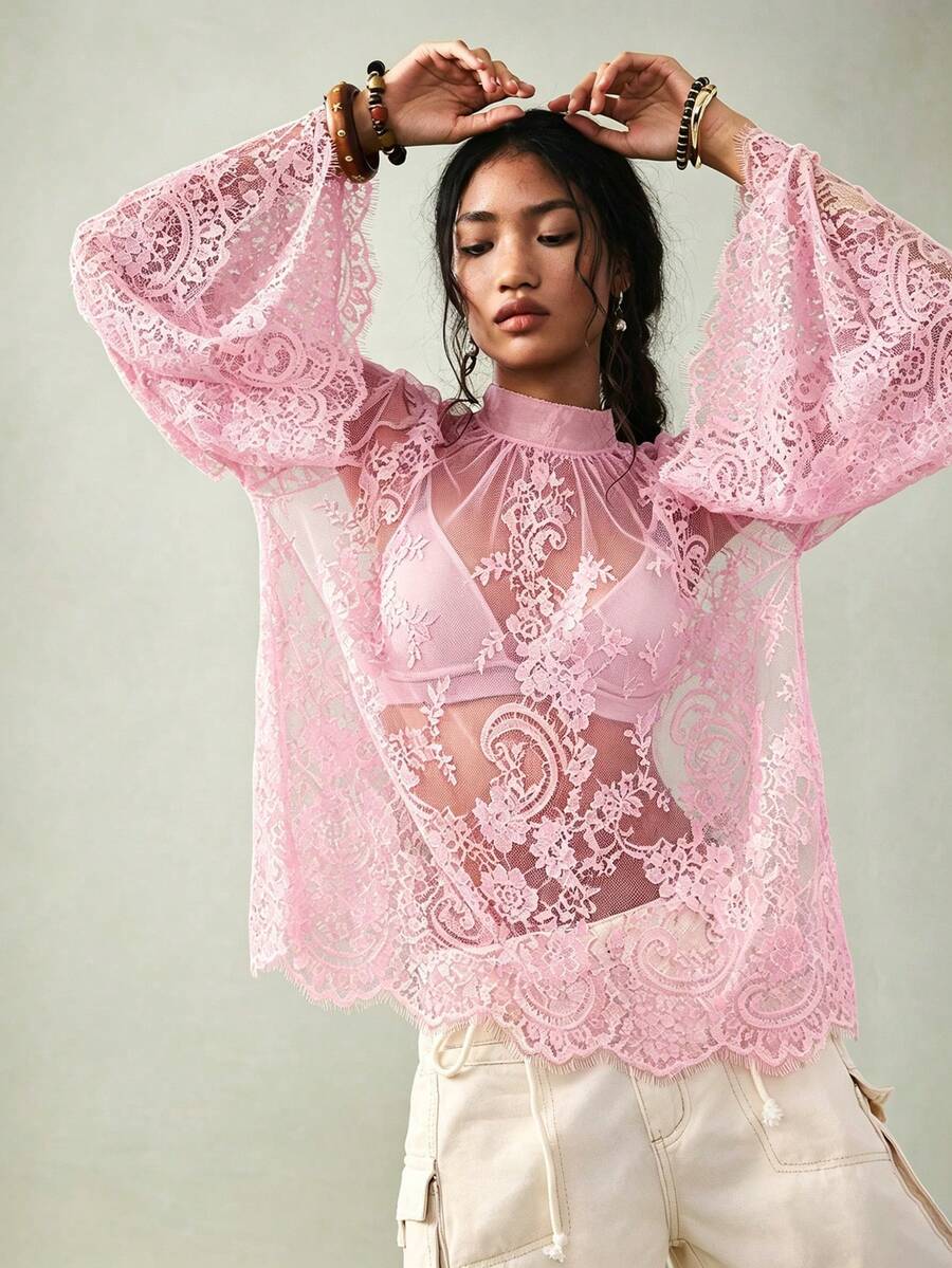 SoleilVie Atasan Elegan Wanita dengan Kerah Mandarin dan Lengan Raglan - Berwarna merah muda - View 1