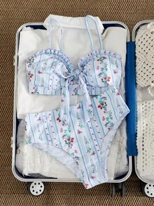 Swim Mod 女士甜美草莓蝴蝶印花前系带细肩带荷叶边比基尼套装，26SS 夏季简约女士优雅沙滩度假派对泳装两件套 - 彩色 - 查看 6
