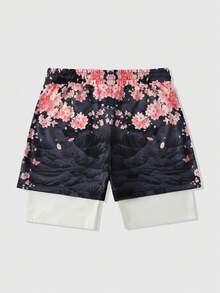 ROMWE MEN Anime Quần short bóng rổ nam in họa tiết, thiết kế 2 trong 1, thích hợp mặc hàng ngày vào mùa xuân/hè. - màu đen - Xem 2