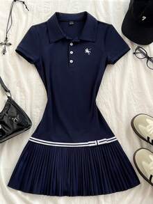 Elamini 女士藏蓝色 Polo 领腰部刺绣下摆褶裥连衣裙，学院风，休闲百搭，运动风 - 藏蓝色 - 查看 4