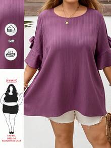 SHEIN CURVE+ Curve 尺码 US22 音乐节、海滨度假、波西米亚风女士蝴蝶结装饰圆领紫红色衬衫，夏季 - 彩色 - 查看 2