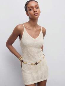 MAIJA Holiday Crochet Mesh V-Neck Spaghetti Strap Bodycon Dress, Summer Beach Boho Beige Women's Clothing Resort Outfit Vacation Country Concert - Apricot - View 1