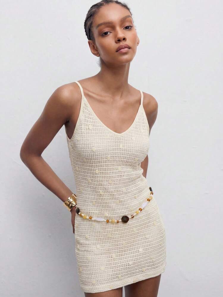 SHEIN Maija MAIJA Urlaubs-Häkel-Mesh V-Ausschnitt Spaghettiträger Bodycon Kleid