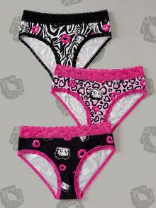 Betty Boop x SHEIN Quần lót cạp thấp in hình hoạt hình viền ren - màu đen - Xem 1