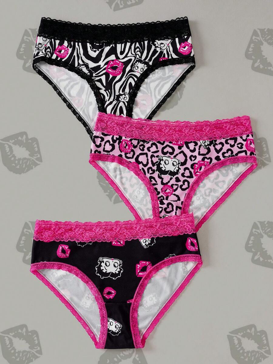 Betty Boop x SHEIN Quần lót cạp thấp in hình hoạt hình viền ren - màu đen - Xem 1