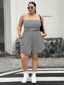 SHEIN CURVE+ Plus Size Women's Jumpsuit, Striped Jumpsuit, Loose & Comfortable Plus Size Clothing, High Stretch Soft Fabric, Strapless Jumpsuit, Summer Outfit - Black and White - View 7