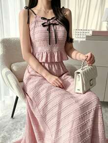FRIFUL 女士时尚优雅蝴蝶结吊带背心和半身裙两件套家居服套装 - 粉色 - 查看 1