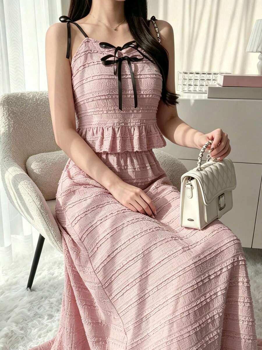 FRIFUL 女士时尚优雅蝴蝶结吊带背心和半身裙两件套家居服套装 - 粉色 - 查看 1