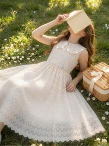 Spring And Summer Girls' Light Beige Embroidered Lace Dress With Pearl Doll Collar, Sleeveless A-Line Princess Dress, Breathable, Skin-Friendly, Soft, Children's Birthday Party Flower Girl Gown, Piano Performance Showcase High-End Dress. Girls Pearl Dress Sleeveless Lace Dress - Apricot - View 1