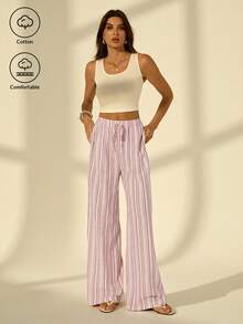 SHEIN Tall Women's Holiday Casual Striped Wide Leg Pants Pink Striped Pants, Tall Women - Multicolor - View 6