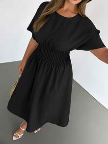 Auralis Plus Size Solid Color Round Neck Casual Daily Short Sleeve Dress - Black - View 5