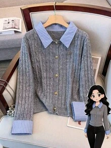 SHEIN Clasi Plus Size Sweater Blouse Collar Turn-Up Cuff Button Front Cardigan Knit Splicing 2 In 1 Set Fall Winter Cloth For Women Autumn - Grey - View 1