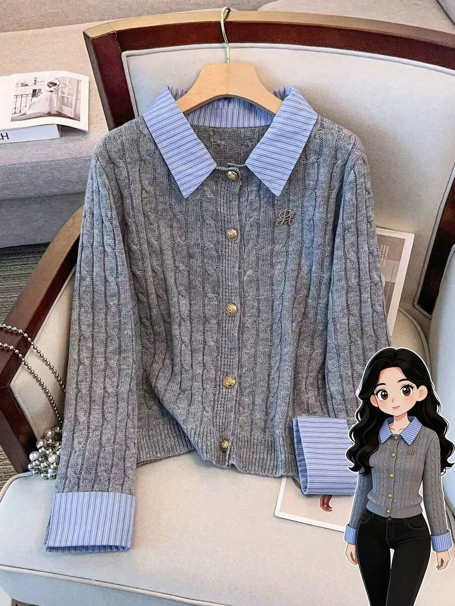 SHEIN Clasi Plus Size Sweater Blouse Collar Turn-Up Cuff Button Front Cardigan Knit Splicing 2 In 1 Set Fall Winter Cloth For Women Autumn - Grey - View 1