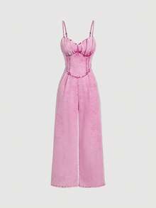 SHEIN PETITE 女士夏季休闲度假通勤褶皱胸部收腰牛仔连体裤 - 粉色 - 查看 9