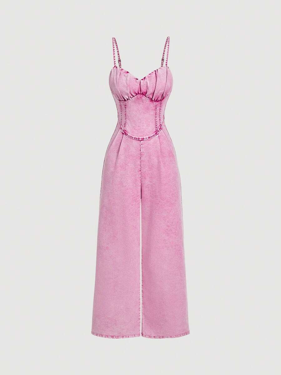 SHEIN PETITE 女士夏季休闲度假通勤褶皱胸部收腰牛仔连体裤 - 粉色 - 查看 1