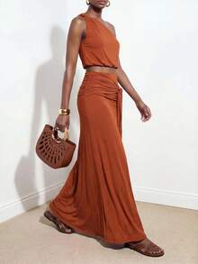 Zivah 新款夏季休闲度假波西米亚风套装，宽松红棕色针织单肩背心搭配系带百褶A字裙，两件套设计。适合日常穿着、旅行、度假、海滩、休闲风、西部风情、派对、节日、音乐节、机场穿搭、早午餐等场合。 - 鏽棕色 - 查看 4