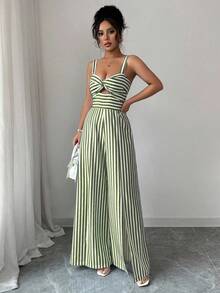 Elenzga Women's Striped Fashionable Versatile Front Knot Slit Leg Jumpsuit - Army Green - View 3