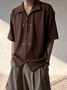 DAZY Textured Fabric Zip-Front Shirt - Brown - View 6