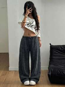 SHEIN Tall CURVE 大尺碼純色極簡休閒長褲 - 黑色 - 查看 7