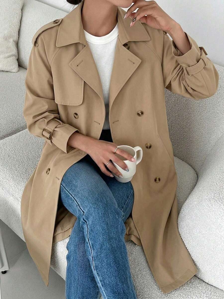 DAZY Áo khoác dáng dài tay hai hàng cúc màu trơn, phong cách công sở thường ngày. - Màu Khaki - Xem 1