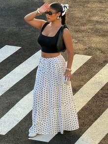 Muchica Plus Size Women Black & White Polka Dot Print Ruffle Hem Skirt - Black and White - View 6