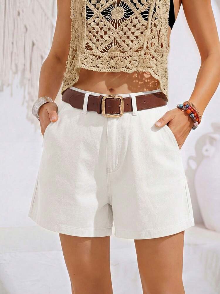 Khaki High Waist A-Line Slimming Straight Casual Shorts For Women, Spring/Summer