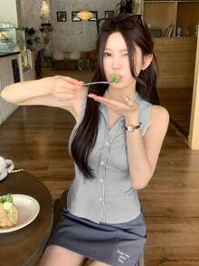 DAZY 女款條紋領口無袖修身薄款夏季正式優雅襯衫背心，適合學校穿著 - 灰色 - 查看 6