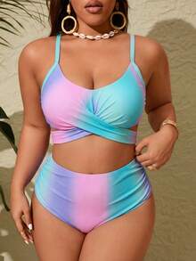 Slaydiva Plus Size Women's Gradient Color Print Cross Wrap Bust Tie Back Bikini Set Set, Beach/Resort Vacation - Pink - View 5