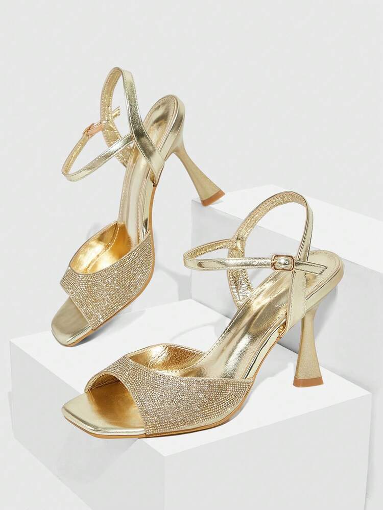 CUCCOO SZL Women Shoes Spring And Summer New Rhinestone Full Diamond Design Square Toe Thin Heel High Heel Sandals, Luxury Sparkling Metal Gold, Dinner Party Date Summer Wear Summer Shoes