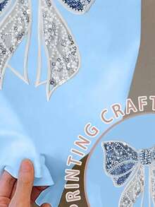 Girls' Blue Short T-Shirt With Faux Sequin, Rhinestone Bow Print, Versatile Basic Tee Suitable For Outings, Spring, Summer, Autumn, Fashionable Cropped Fit For Girls - Multicolor - View 3